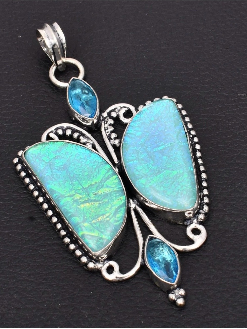 Triplet Opal Blue Topaz Gemstone Butterfly Pendant Necklace